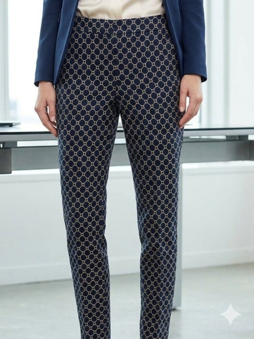 Jones New York Navy Blue Geometric Satin Trousers Dress Pants Size 6